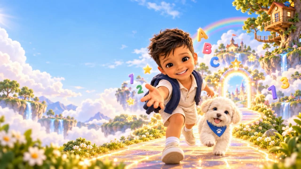 Thiago and Nube in a rainbow learning adventure